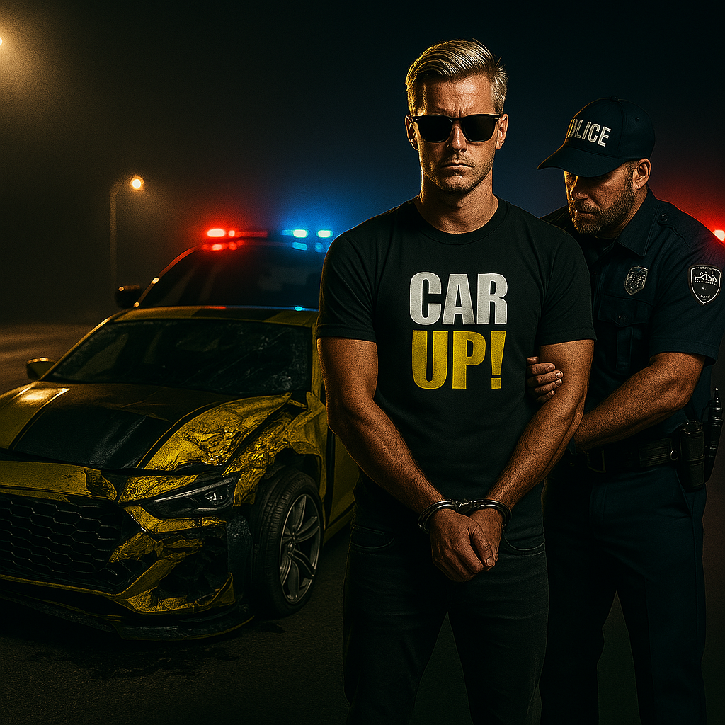 CarUp! Markenimage – Model mit CarUp! T-Shirt wird von Polizist festgenommen, symbolisch für Rückgabe & Garantie bei CarUp!