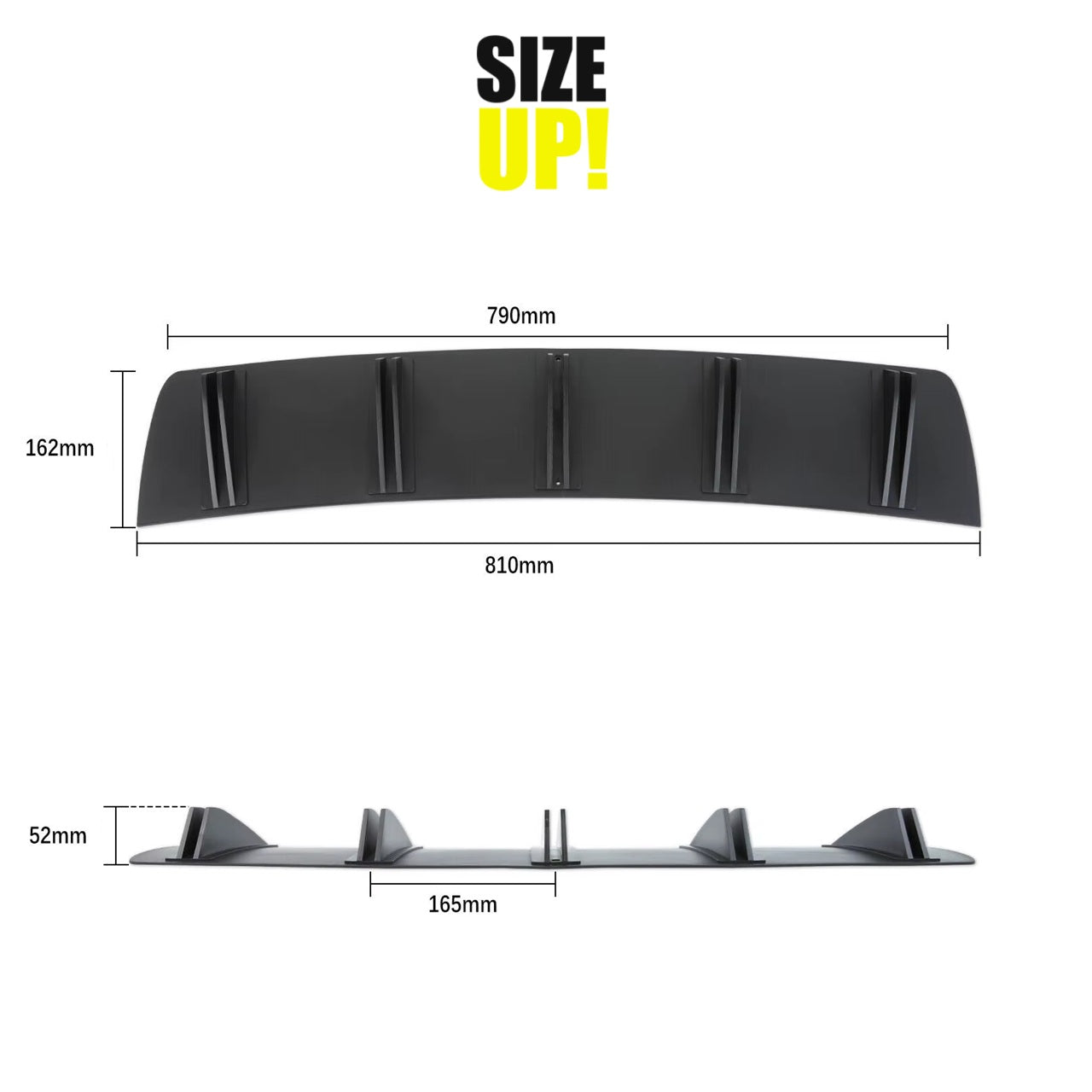 Einbauansicht Heckdiffusor – visuelle Anleitung zur Montage mit Grössenvergleich am Fahrzeugheck