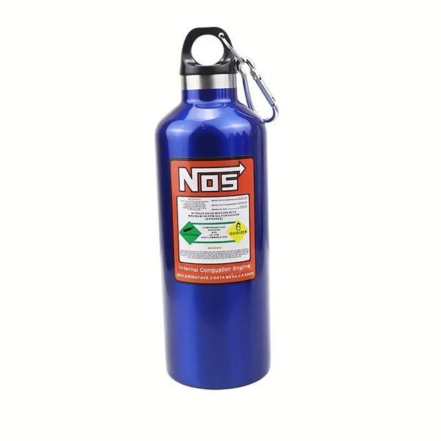 NOS Trinkflasche in Blau – stylische Aluflasche im Rennsport-Look für Auto-Fans
