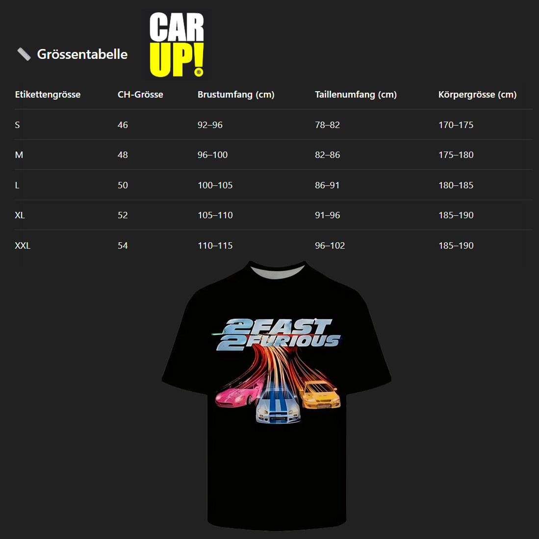 Grössentabelle für Tuning T-Shirt – alle Masse des 2 Fast 2 Furious Shirts im Überblick (S bis 3XL)