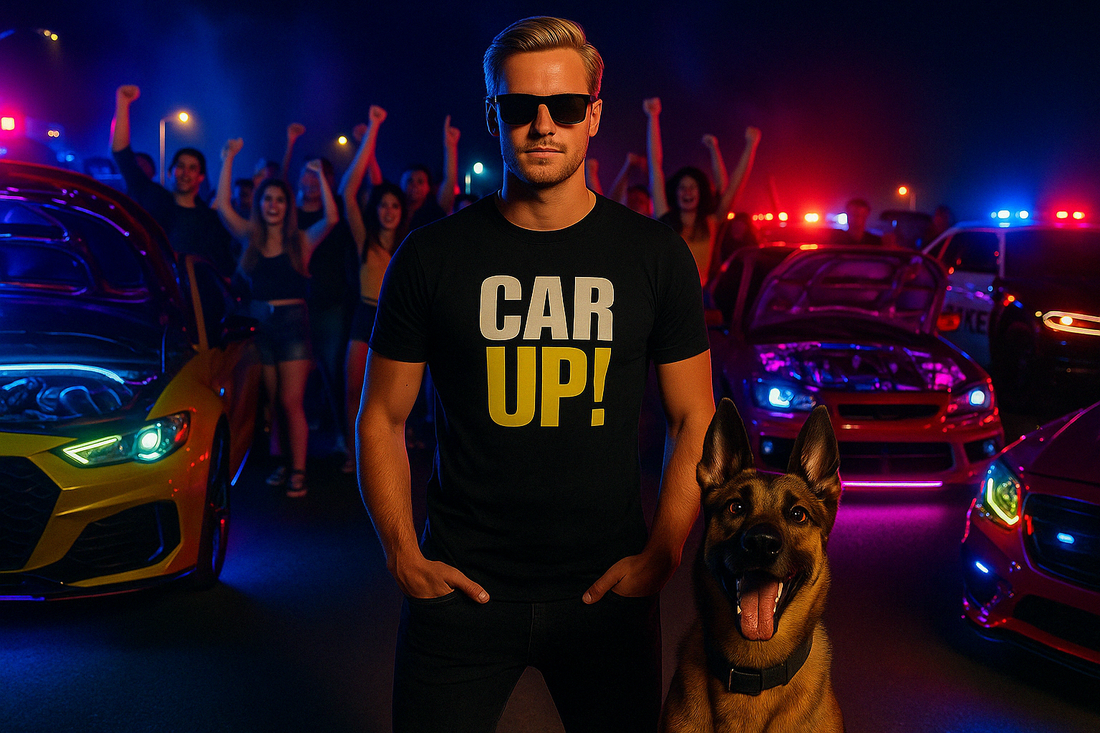 CEO von CarUp!® mit Malinois-Hund vor leuchtenden Tuning-Autos mit Neon-LEDs bei nächtlichem Car-Event zur Shop-Eröffnung