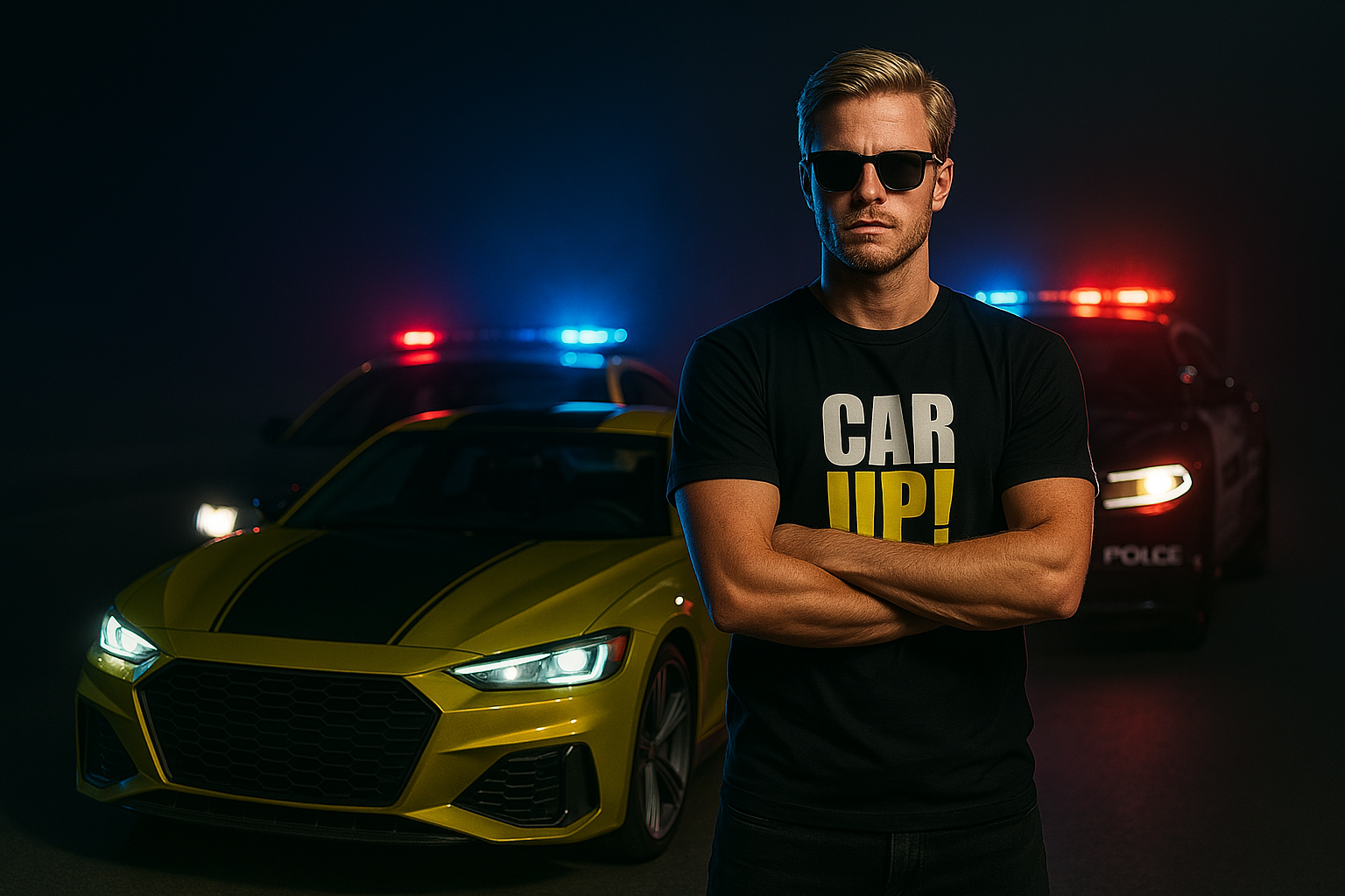 "CarUp! Markenimage – Model trägt CarUp! T-Shirt vor gelbem Sportwagen, symbolisch für Versand, Rückgabe & Kundenservice